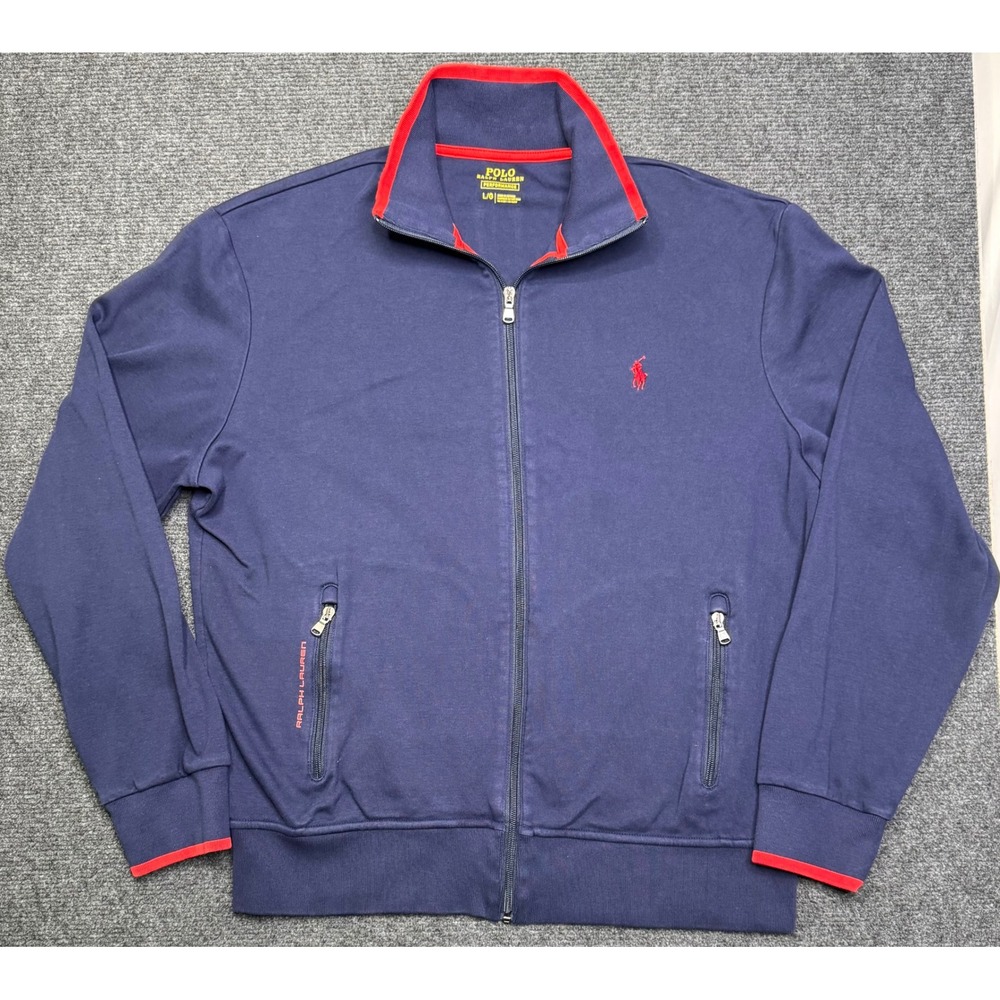 Polo Ralph Lauren Performance Mens Navy Blue Red Full Zip Track Jacket Large L